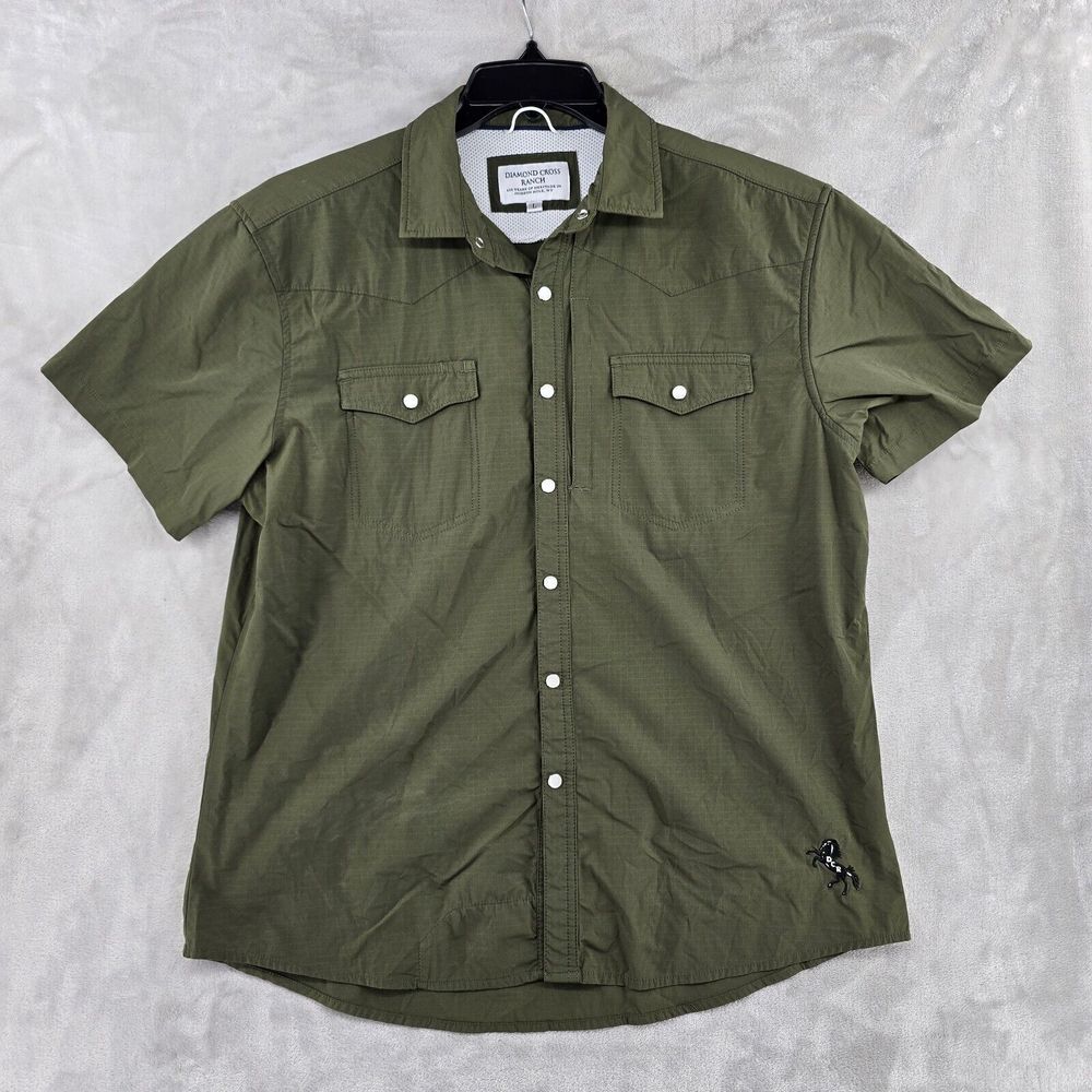 Short-Sleeve Olive Button-Down Shirt with Chest Flap Pockets